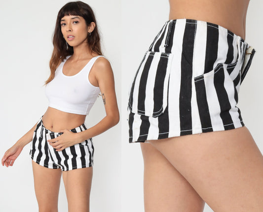80s Striped Denim Shorts Black White Cotton Jean Hotpants Mid Rise Size 6