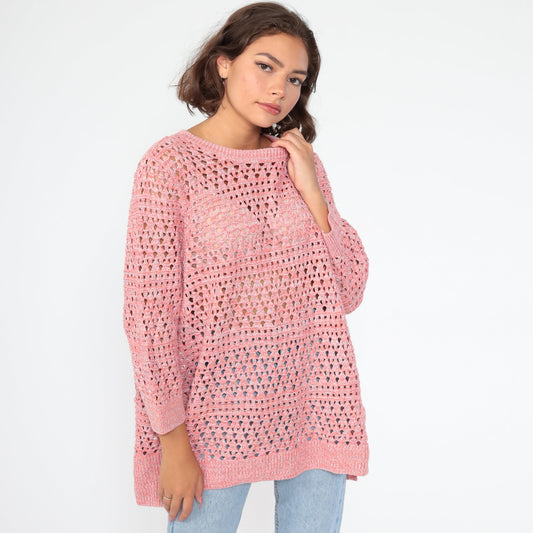 90s Pink Cotton Cutout Sweater Slouchy Pullover Extra Large XXL
