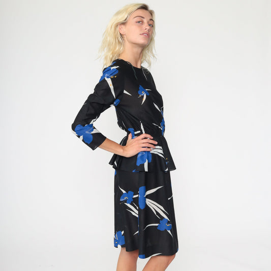 70s Black Floral Midi Dress High Waist Long Sleeve Semi-Sheer Small Medium
