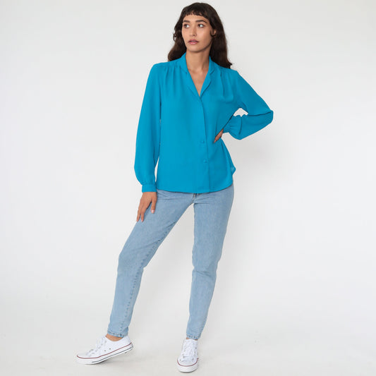 80s Blue Button-Up Blouse Collared Long Sleeve Shirt Medium