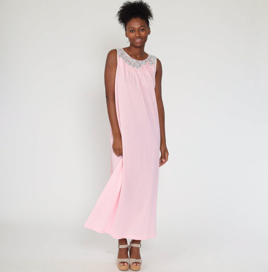 70s Baby Pink Nylon Lace Nightgown Sleeveless Maxi Slip Dress Large