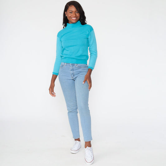 80s Turquoise Mock Neck Sweatshirt Acrylic Long Sleeve Extra Small XS