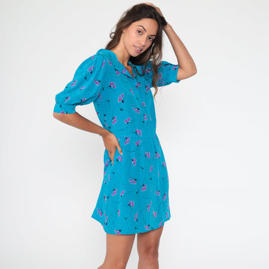 80s Blue Floral Puff Sleeve Mini Dress Button-Up Shirtwaist Small Medium