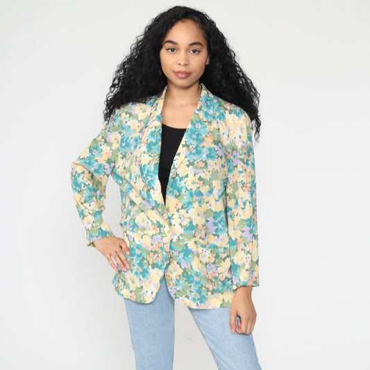 80s Koret Floral Blazer Jacket Pastel Yellow Blue Medium Large