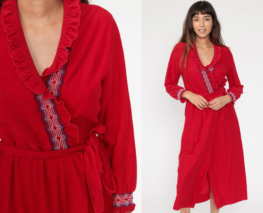 70s Anne Leslie Red Wrap Maxi Robe Dress Belted Loungewear Small Medium