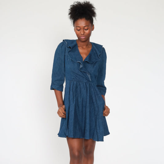70s Denim Mini Dress Puff Sleeve V Neck High Waisted Blue Chambray Extra Small
