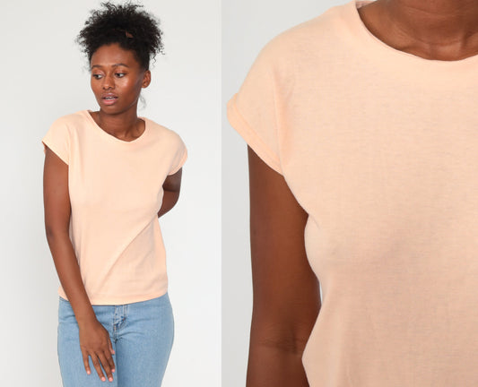80s Peach Cap Sleeve T-Shirt Plain Cotton Tee Women's Medium