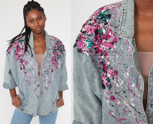 80s Acid Wash Denim Jacket Paint Splatter Glitter Blue Small