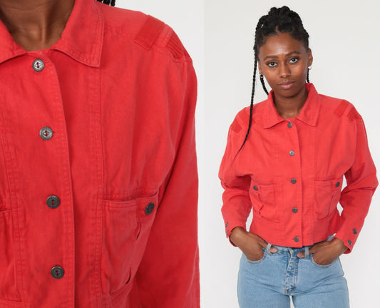 90s Red Cotton Cropped Jacket Button Up Cargo Pocket Small