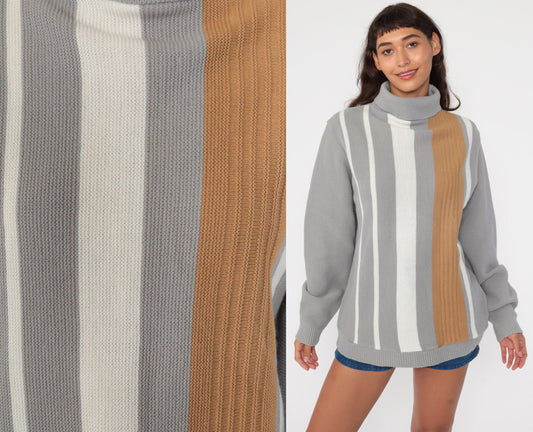 80s Striped Turtleneck Sweater Grey Knit Pullover Medium