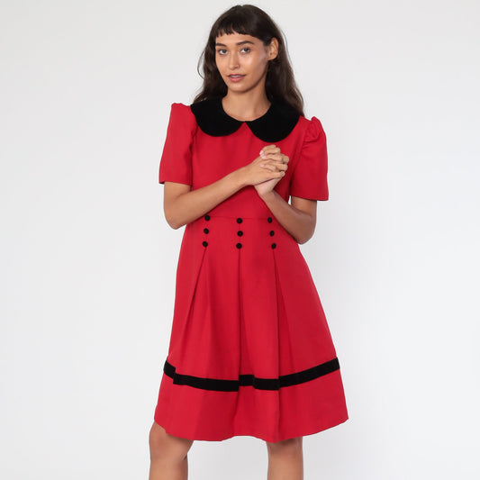 90s Red Midi Dress Peter Pan Collar Puff Sleeve Pleated Large 12
