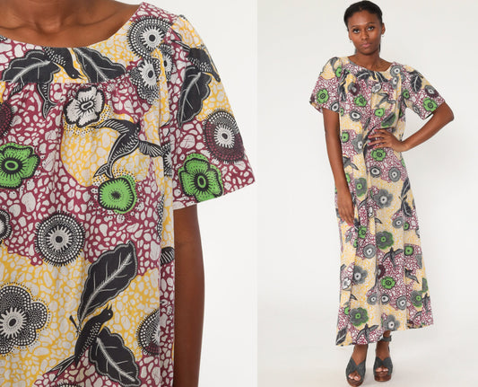 70s Bird Print Maxi Dress Caftan Cotton Blend Long Sleeve Medium