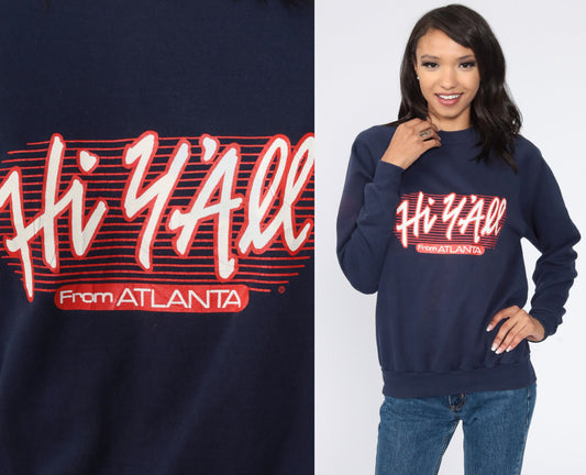 80s Atlanta Hey Y'all Georgia Raglan Sweatshirt Navy Graphic Crewneck Medium