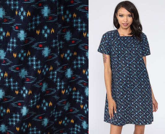 60s Mod Mini Dress Blue Checkered Shift Twiggy Small