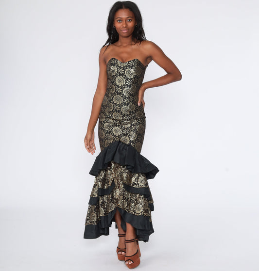 80s Metallic Gold Lace Strapless Mermaid Maxi Dress Sweetheart Neckline Extra Small