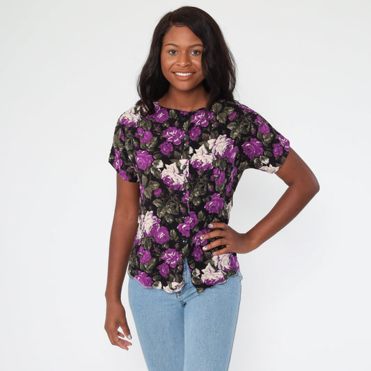 90s Floral Button-Up Blouse Purple Rayon Short Sleeve Medium
