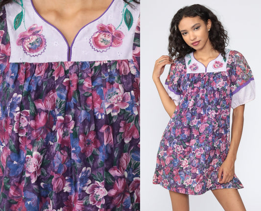 80s Floral Purple Mini Dress Eyelet Lace Tent Cut Small