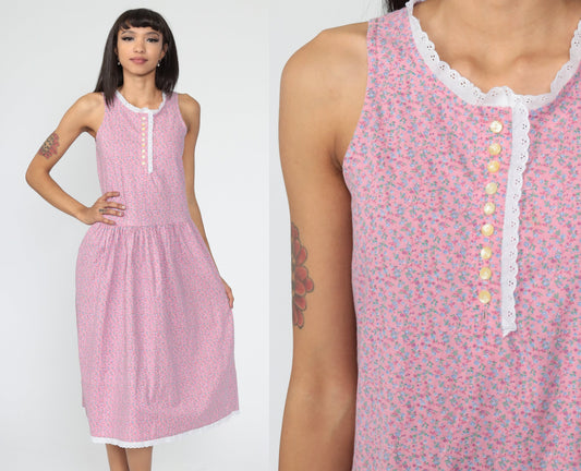 80s Calico Floral Midi Dress Pink Eyelet Lace Drop Waist Sleeveless Extra Small