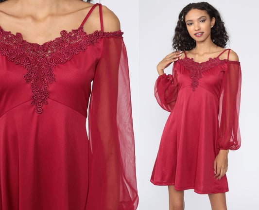 70s Burgundy Mini Dress Off-Shoulder Babydoll Sheer Chiffon Sleeve Extra Small