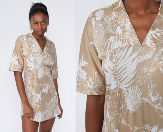 70s Tropical Leaf Print Shift Mini Dress Tan Short Sleeve Medium Large