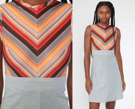 70s Chevron Stripe Mini Shift Dress Empire Waist Grey Orange Extra Small