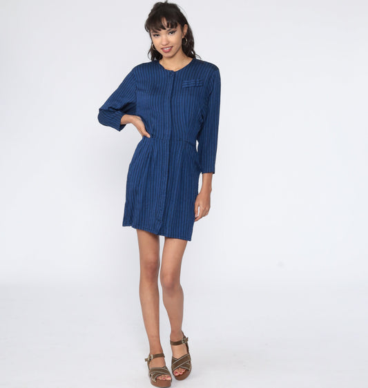 70s Blue Striped Button-Up Mini Dress High Waist Shirtdress Small S