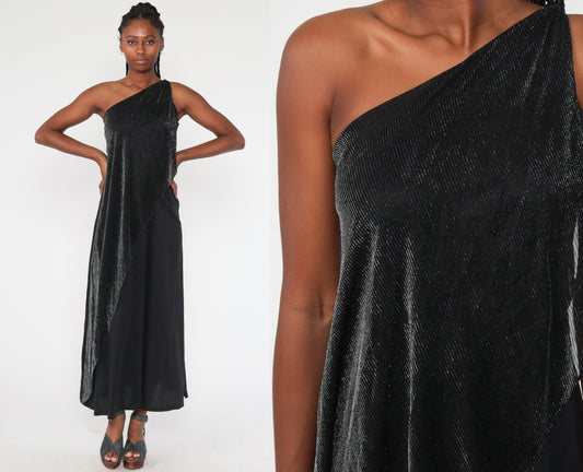 90s Black Metallic One-Shoulder Maxi Dress Draped Glitter Panel Extra Small