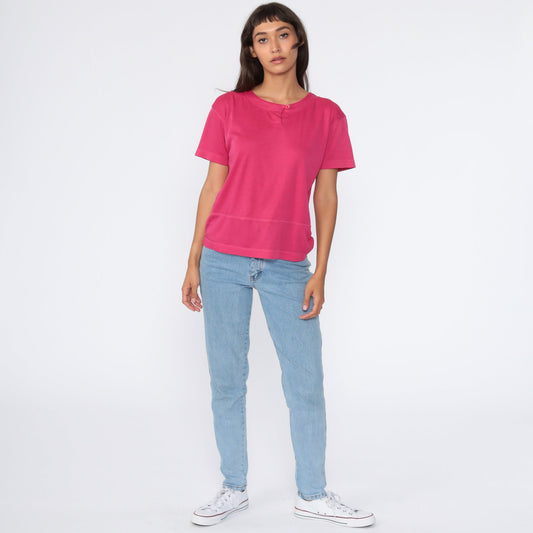80s Hot Pink Button Neck T-Shirt Short Sleeve Cotton Blend Medium