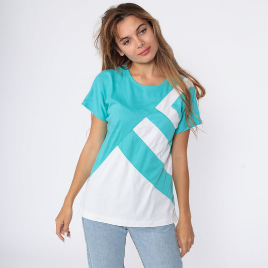80s Turquoise White Striped T-Shirt Cap Sleeve Colorblock Top Medium