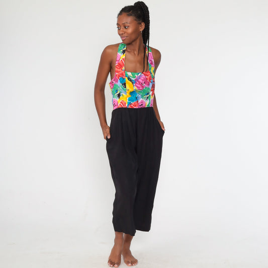 90s Black Floral Halter Jumpsuit Straight Leg Backless Small S