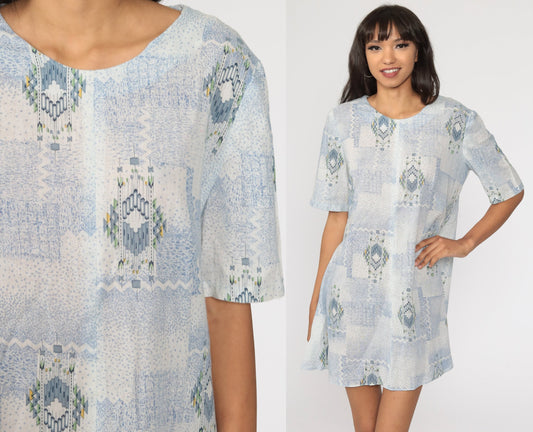 1960s Geometric Print Shift Dress Light Blue Mini Short Sleeve Large