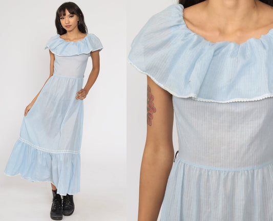 70s Blue Striped Peasant Maxi Dress Off-Shoulder Elastic Neckline Extra Small