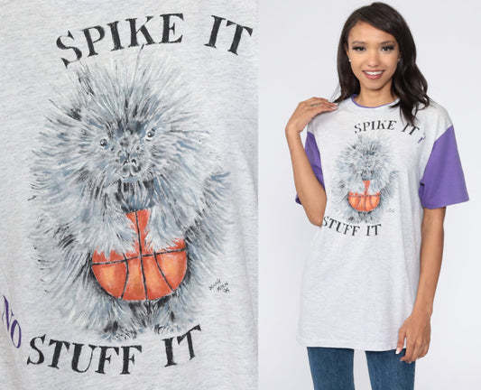 80s Porcupine Basketball Graphic T-Shirt Grey Ringer Tee Medium