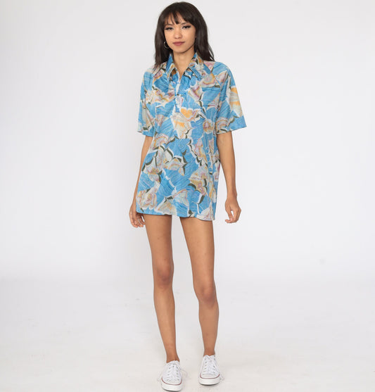 70s Psychedelic Acid Print Button Up Shirt Blue Large