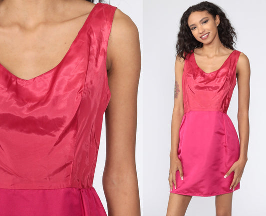 60s Pink Satin Mini Dress Sleeveless High Waist Cocktail Extra Small XS