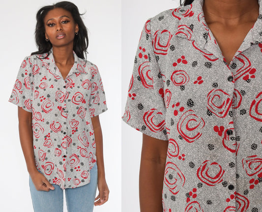 90s Abstract Floral Polka Dot Button Up Shirt Red Black Short Sleeve Medium