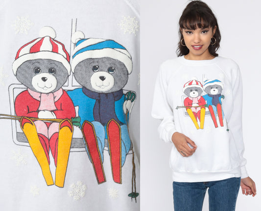 90s Teddy Bear Ski Graphic Sweatshirt White Crewneck Medium
