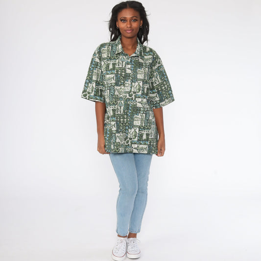 90s Tropical Fish Print Hawaiian Shirt Cotton Button Up Plus Size XXL