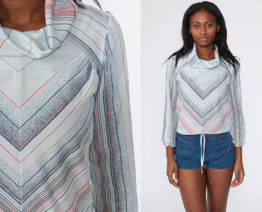 70s Chevron Striped Cowl Neck Blouse Blue Long Sleeve Small