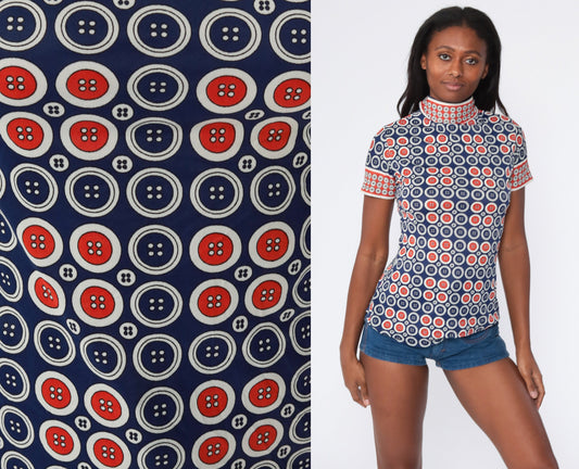 70s Button Print Shirt Mock Neck Short Sleeve Red Blue Small
