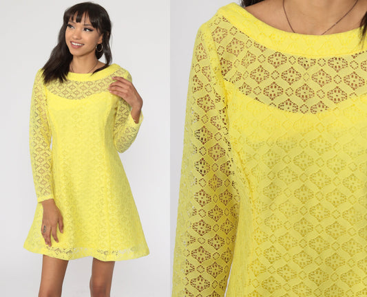 60s Yellow Lace Mini Dress Illusion Neckline Shift Long Sleeve Small Medium