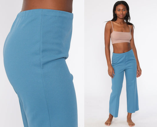 70s Blue Polyester High-Waist Bell Bottom Trousers Extra Small