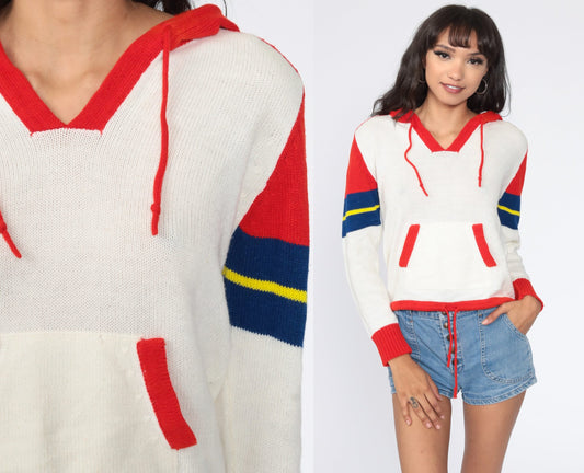 70s White Red Striped Hooded Sweater Knit Pullover Kangaroo Pocket Small