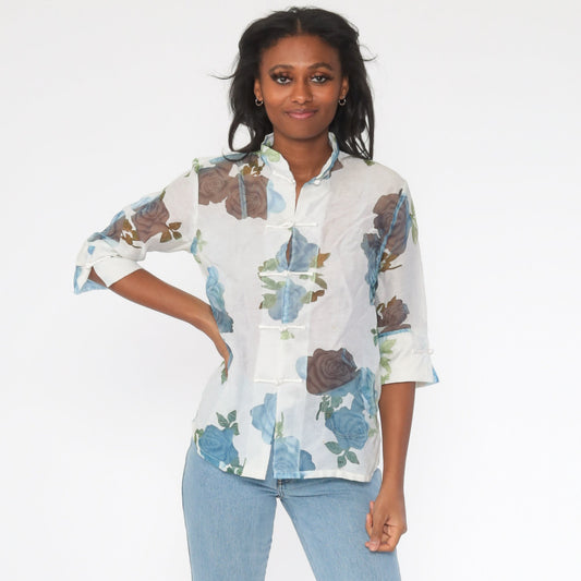 90s Floral Mandarin Collar Blouse White Button-Up Sheer 3/4 Sleeve Medium
