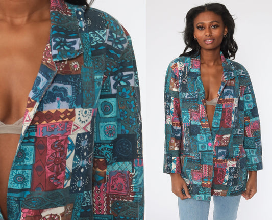 90s Blair Patchwork Floral Blazer Blue Extra Large XXL