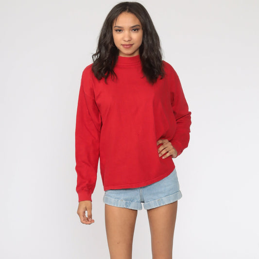 80s Plain Red Long Sleeve Cotton T-Shirt Medium