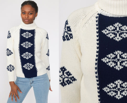 70s White Geometric Turtleneck Sweater Raglan Pullover Extra Small XS