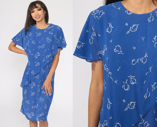 90s Floral Shift Dress Blue Flutter Sleeve Midi Semi-Sheer Medium