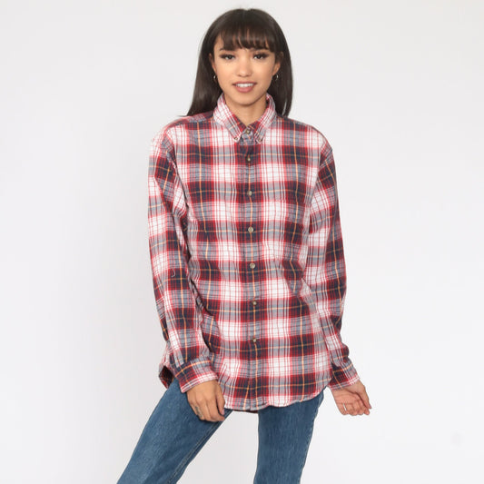 90s Red Navy Plaid Flannel Shirt Cotton Button Up Large
