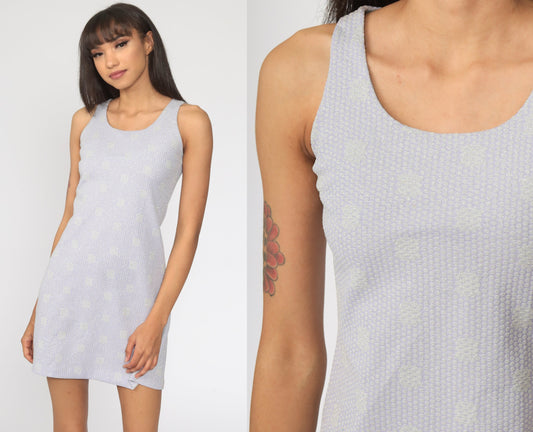 1970s Lavender Metallic Polka Dot Mini Dress Sleeveless Sheath Extra Small